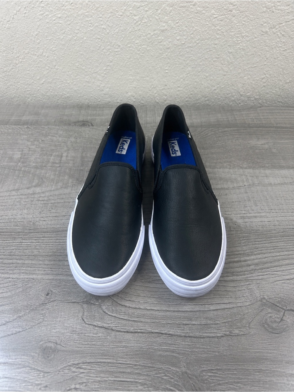 Keds Men Black Slip-On Leather-Style Loafers with White Sole